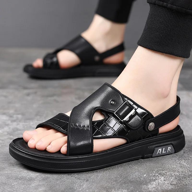 male sandals for summer men thick-soled casual cool slippers non-slip leather beach shoes dual-purpose sandals soft sole shoes