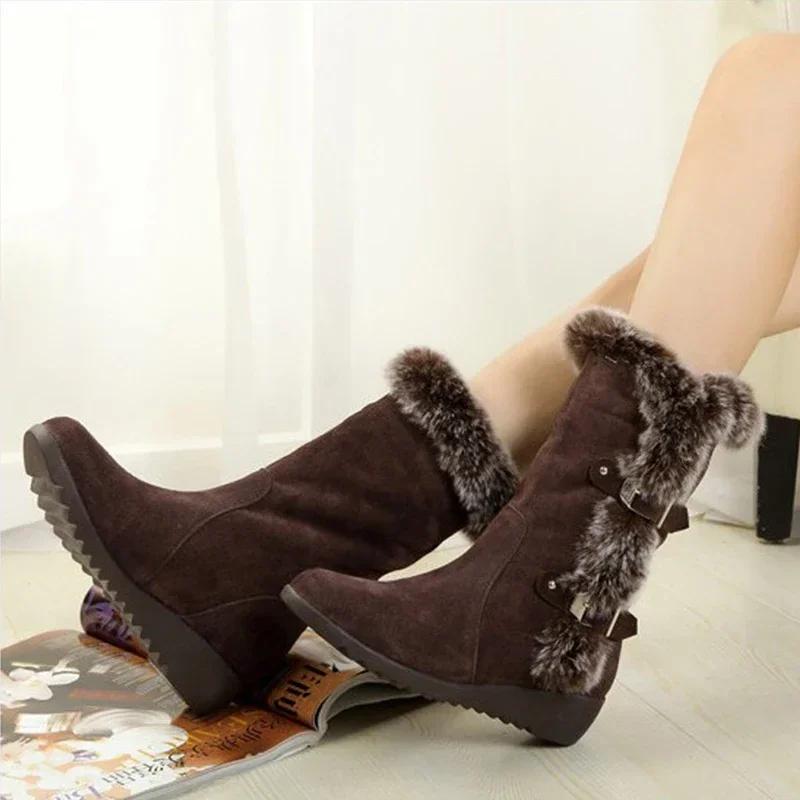 Fashion New Winter Women Boots Casual Warm Fur Mid-Calf Boots Shoes Women Slip-On Round Toe Wedges Snow Boots Shoes Muje Plus Size 42