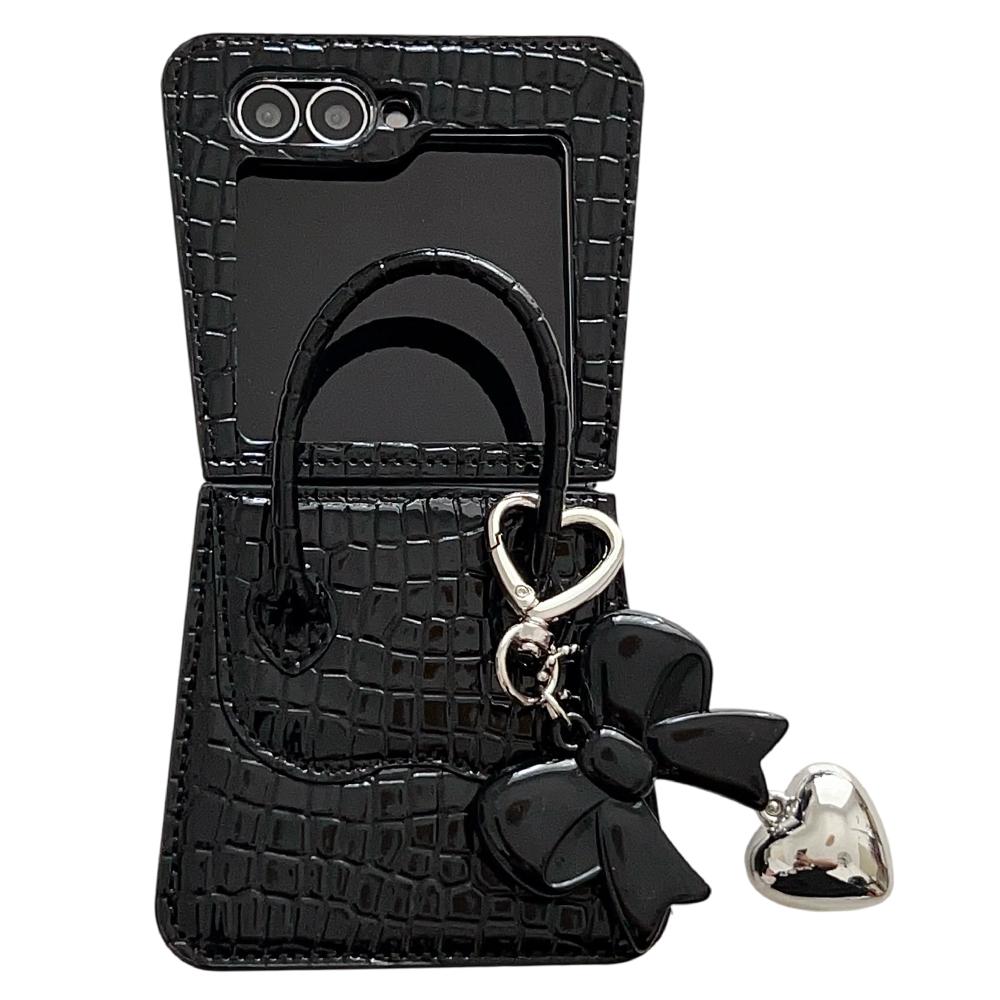 For Samsung Galaxy Z Flip7 FE 5G/Z Flip6 5G Case Handbag Crocodile Texture Leather+PC Phone Cover with Bow Heart Pendant