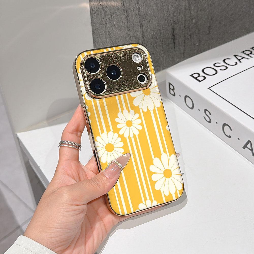 Lucky Start Phone Case For iPhone 17 16 15 14 13 12 11 Pro Max 16E Gold Electroplated glass shell Sunny Daisies Cover