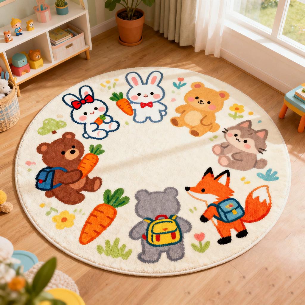 Cartoon Style Carpets for Living Room Bear Pattern Bedroom Decor Round Carpet Thicken Plush Children's Rug Fluffy Soft Floor Mat