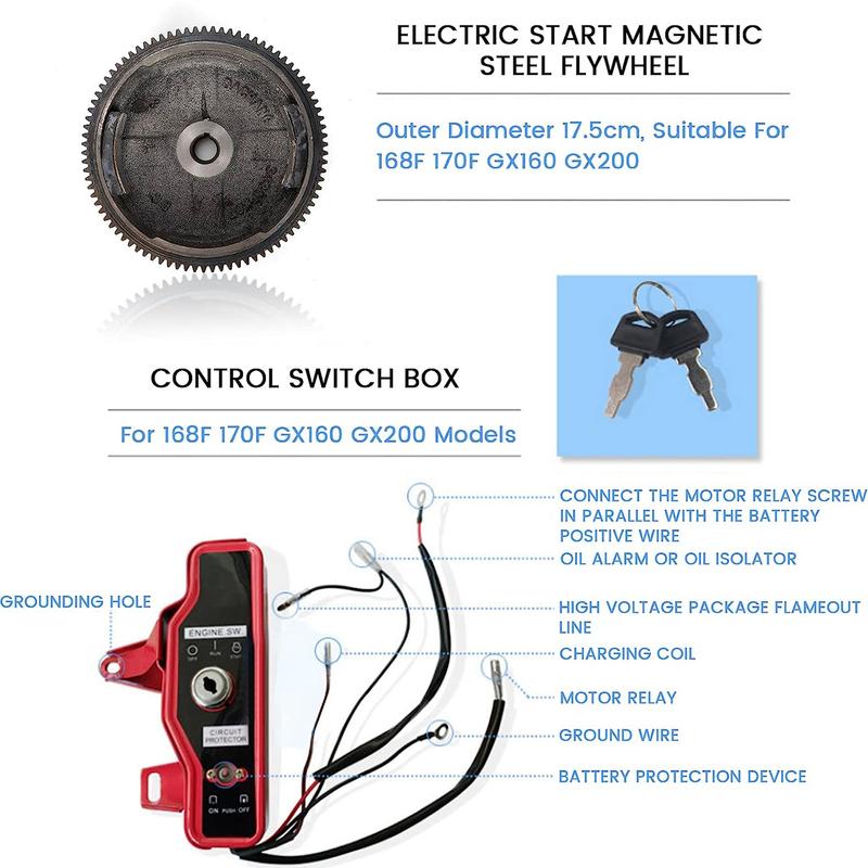 Electric Start Kit 5.5 / 6.5Hp Engine Starter 4 Stroke Ignition Kit Chicken Stick Engine Starter Flywheel For GX160 GX200