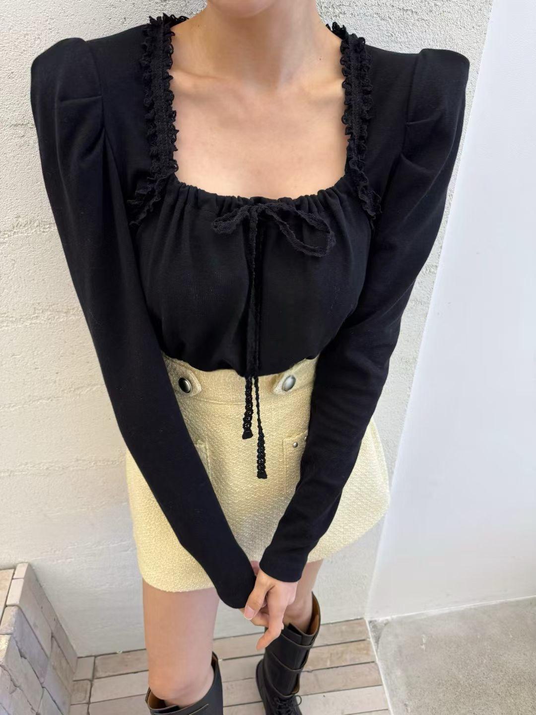 Korean Style Dongdaemun Lace Ruffle Square Neck Lace-up T-shirt for Women - Spring/Autumn Fashion One Size чёрный