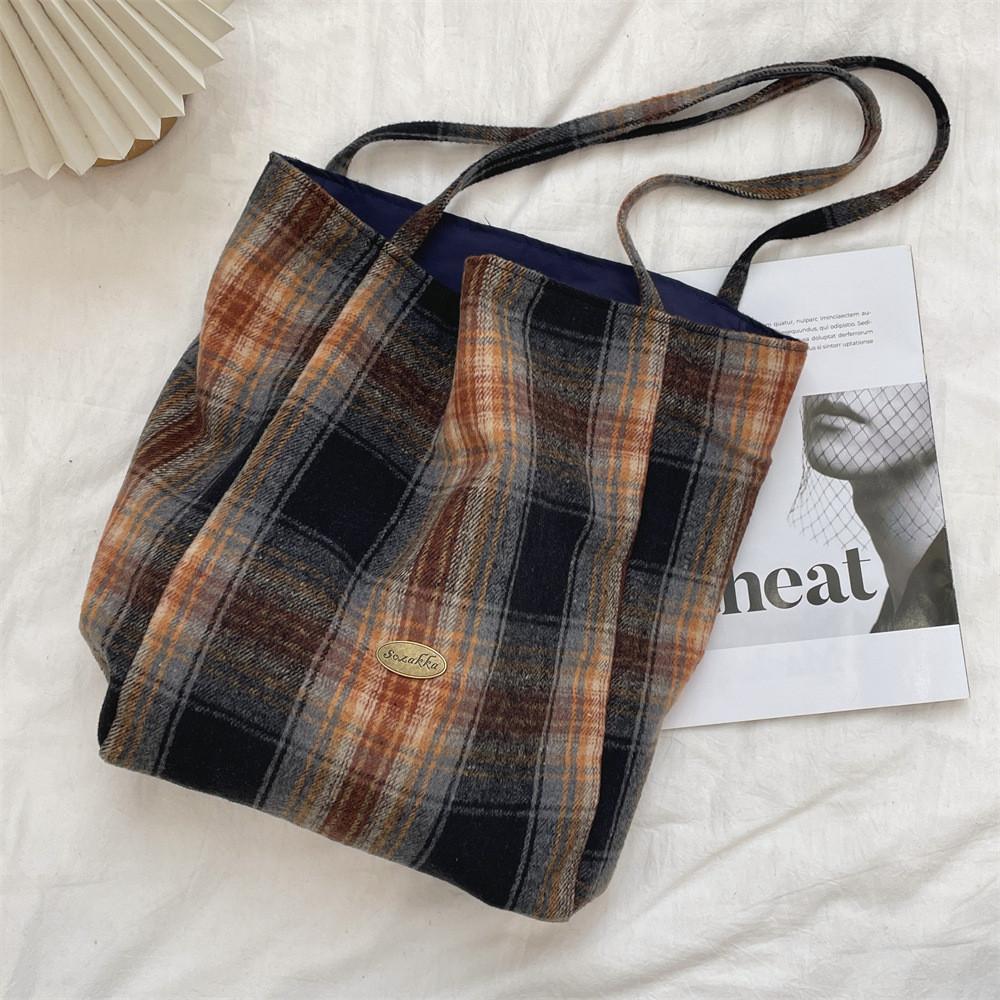 Vintage Plaid Woolen Tote Bag In Yellow Check And Brown Check With Spacious Design For Daily Use