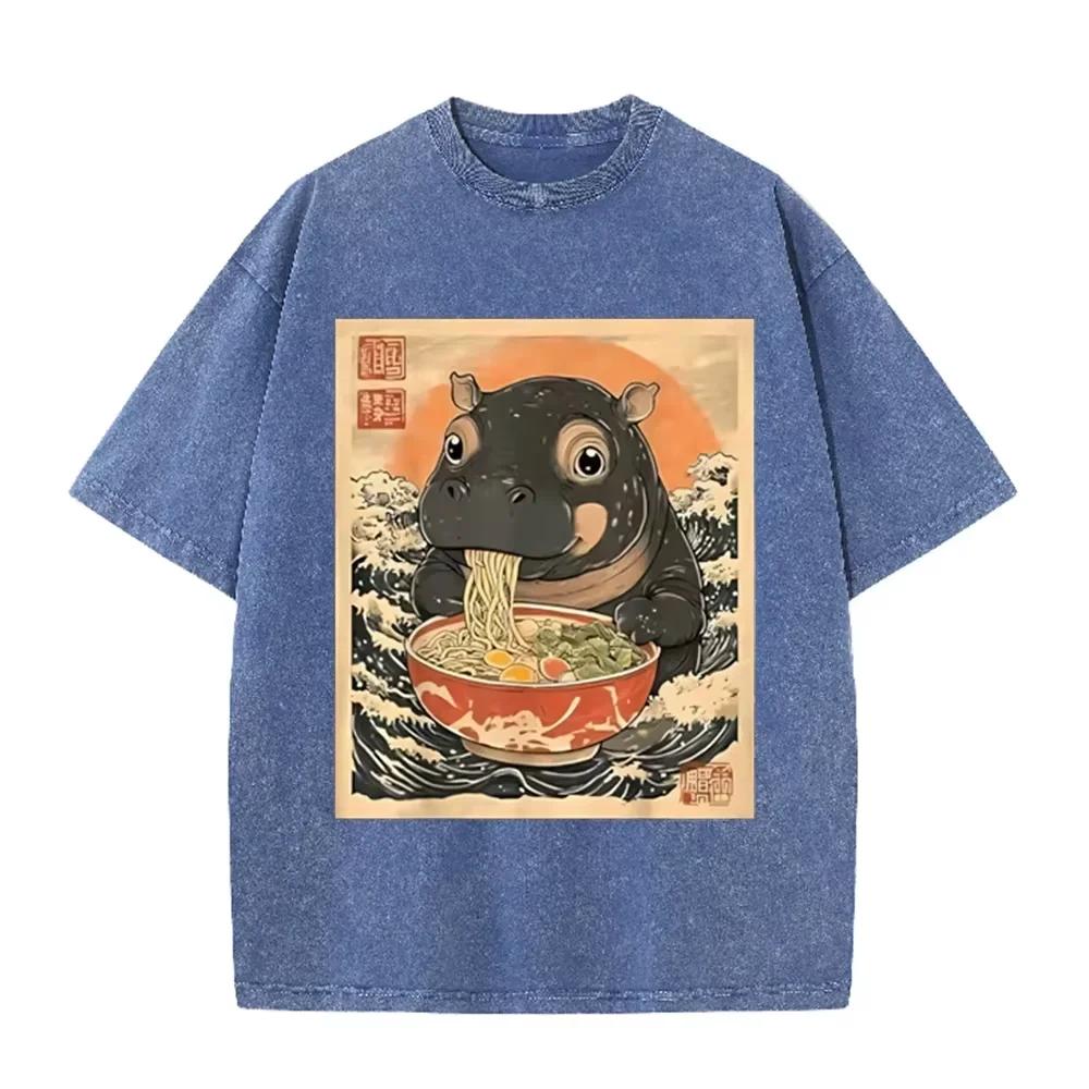Retro Beige Cute Baby Hippo Noodle Art Acid Wash Oversized Funny Animal Streetwear Tee