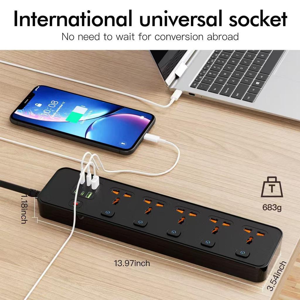 BKL25 Power Strip with 5 Universal Sockets, Independent Switch Control, and Overload Protection
