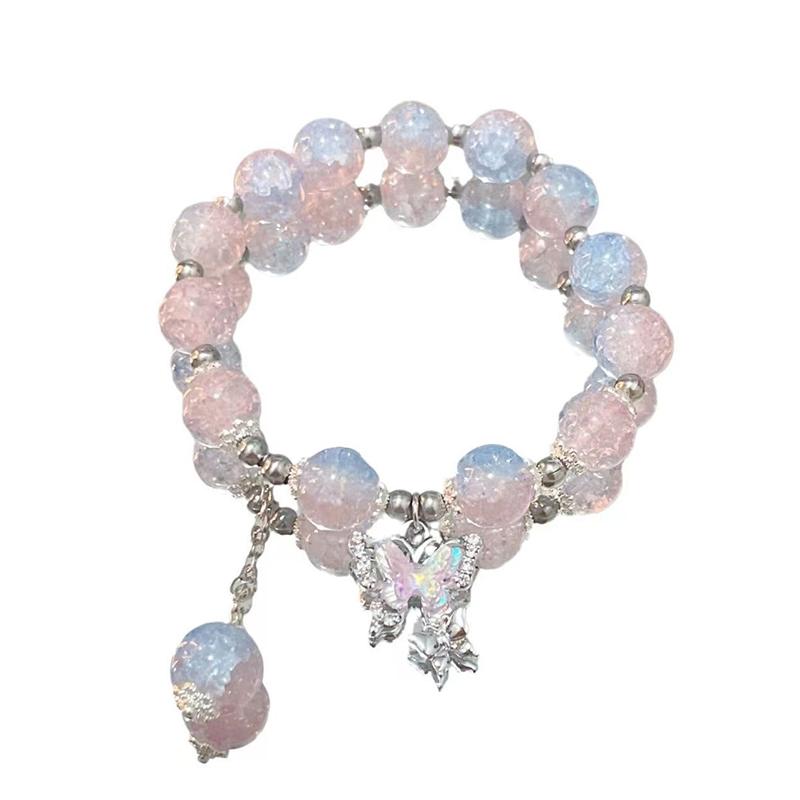 Brățară Exquisită cu Mărgele, cu Glazură Gradientă Crăpată ca Gheața cu Fluturi, Elastică, Dulce, Drăguță, Bijuterii