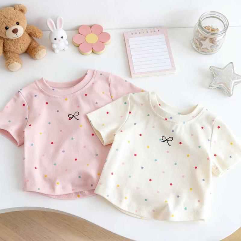 Girls' Polka Dot Cotton T-Shirt, Short-Sleeve, Breathable, for Small & Medium Children, Perfect Summer Wear.