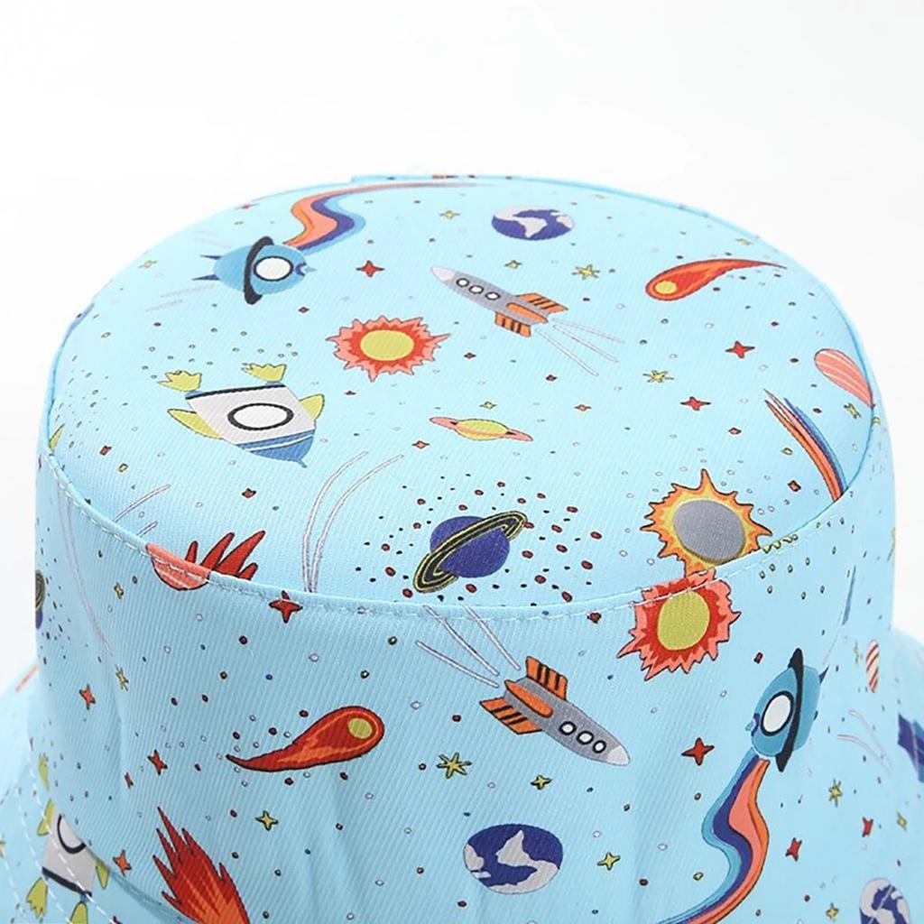 Kids Summer Sun Protection Cap Spaceship Planet Print Bucket Hat Wide Brim Fisherman Hats Boys Girls Outdoor Beach Basin Caps
