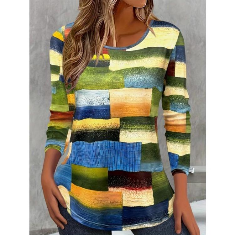 Women Plus Size Boho Paisley Print Long Sleeve Round Neck Tshirt Slight Stretch