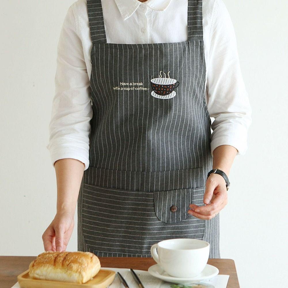 Stripe Design Cotton Apron Sleeveless Cooking Apron Two Front Pockets Women Apron  Coffee House
