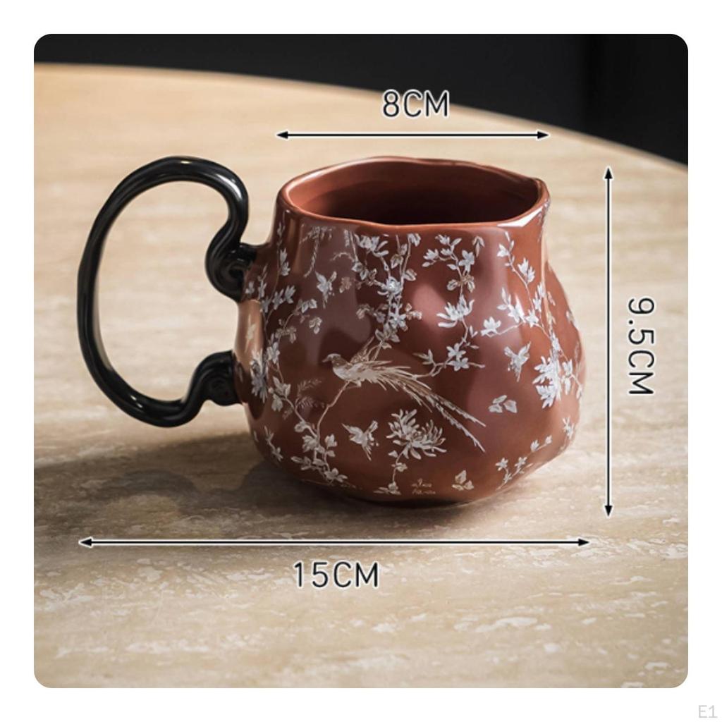 Floral Bird Mug Shiny Coffee Curved Handle Drinkware for Tea, Water
