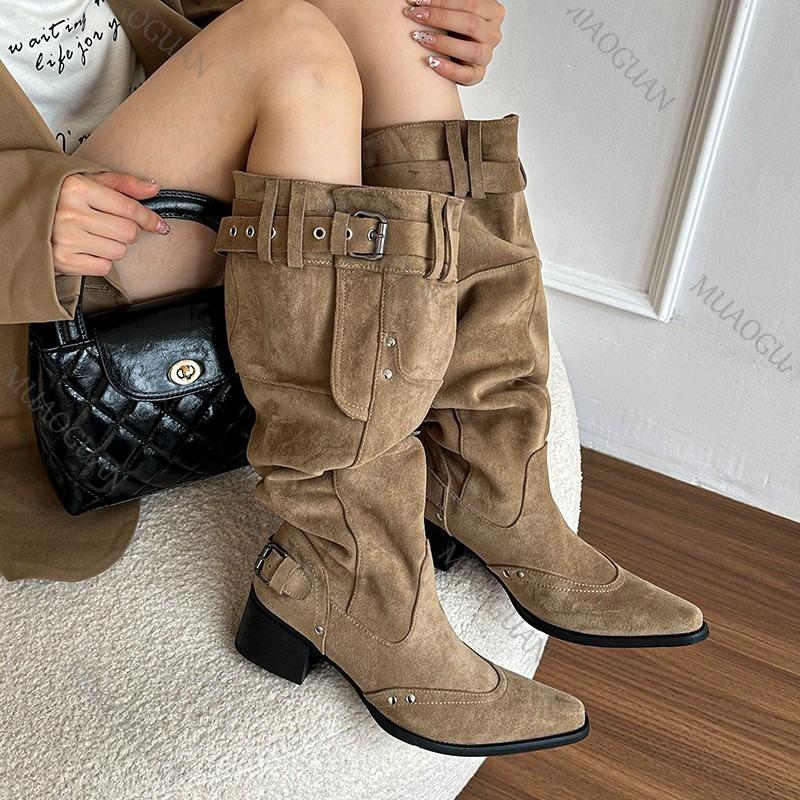 Fashion Pointed Toe Women High Boots Fashion Shoes Chunky High Heels Elegant Shoes 2025 Spring Autumn Women's Long Motorcycle Botas