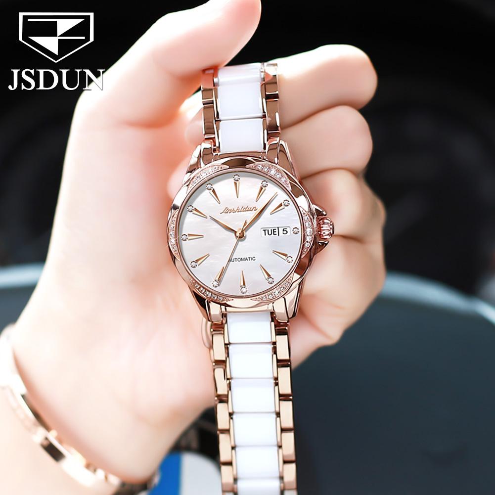 JSDUN Automatische Mechanische Uhr für Damen Luxus Diamant Perlmutt Zifferblatt Elegant Roségold Keramikarmband Damen Armbanduhren