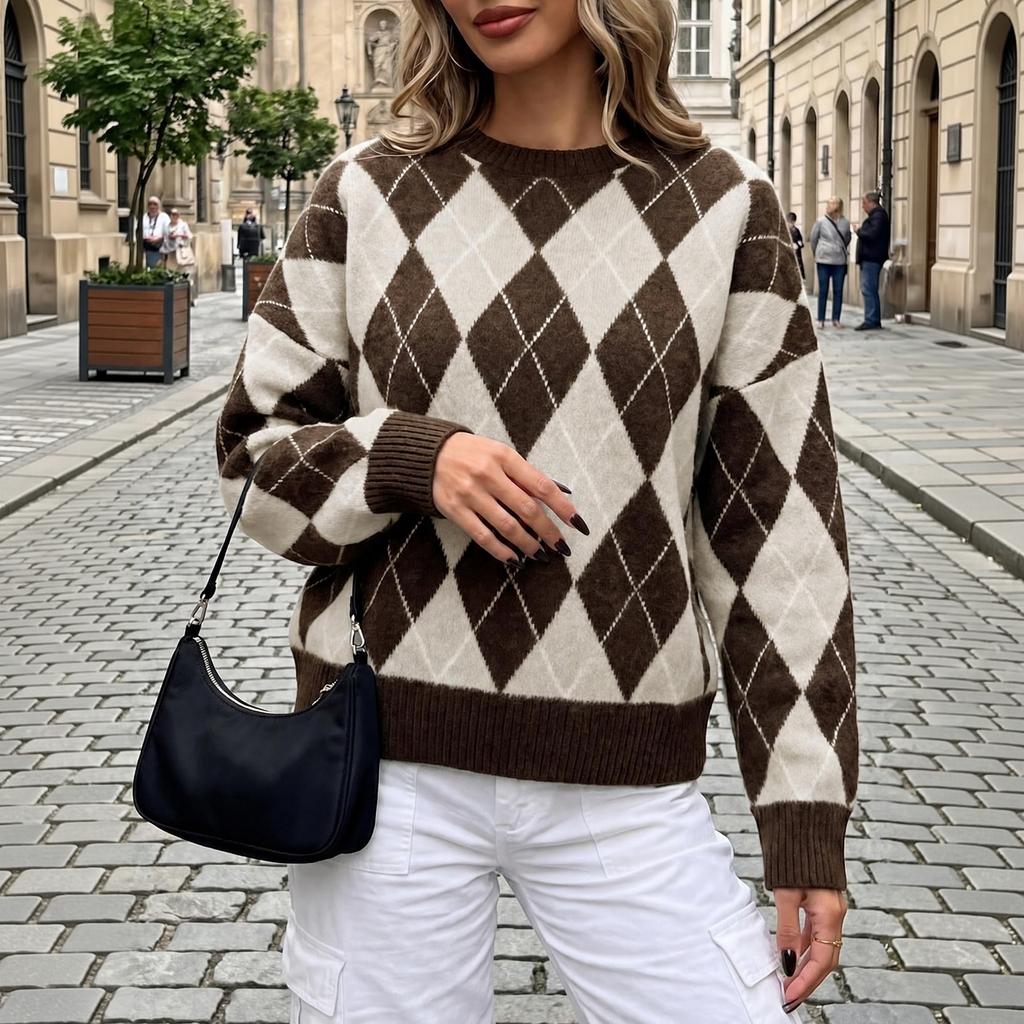 Women's Casual Loose Fit Color Block Sweater, Retro Neck Knit Pullover
