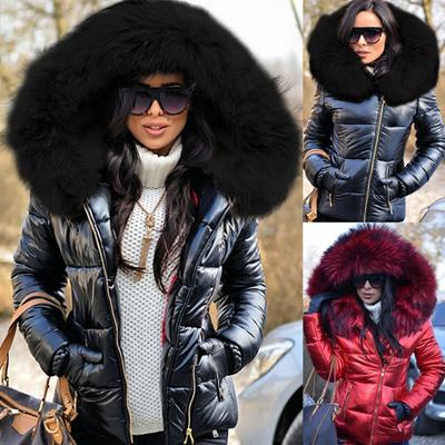 Women Autumn Winter Faux Fur Hood Zipper Warm Down Coat Outdoor Parka Outerwear