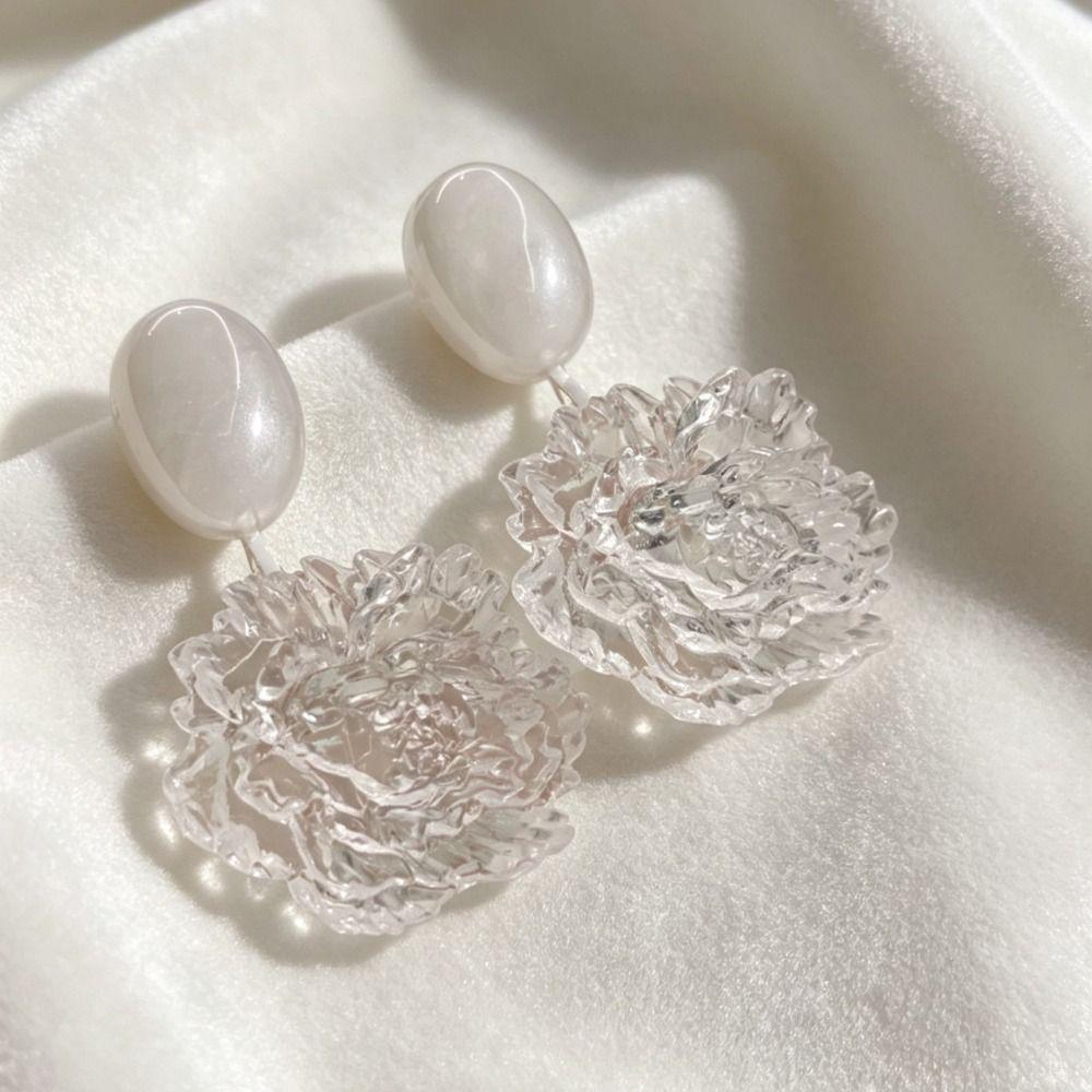 3D Flower Flower Dangle Earring Clear White Statement Earring New Camellia Flower Earring Women