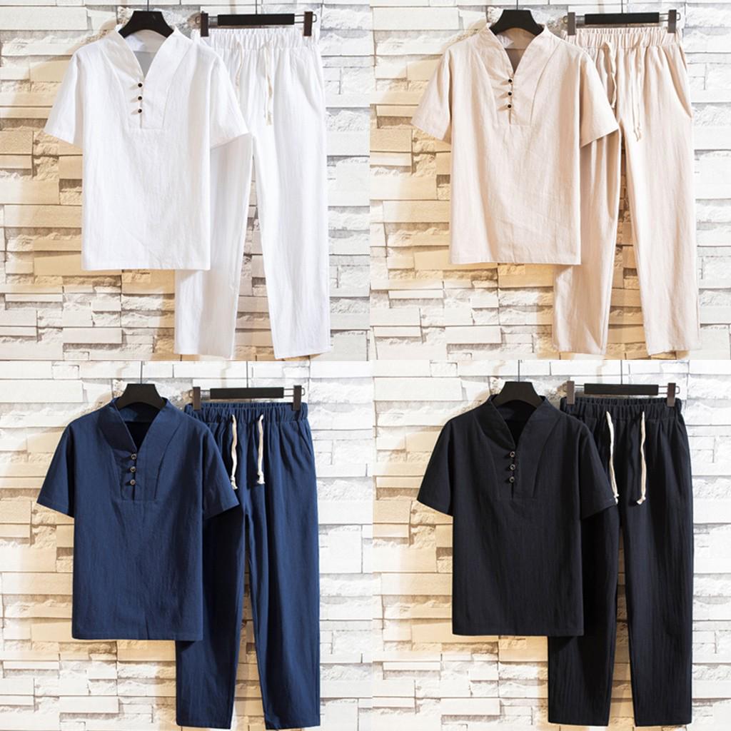 Men's Baggy Cotton Linen Pocket Solid Short Sleeve Retro T Shirts Top Pant 