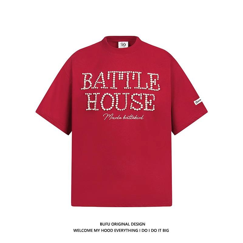 

Летняя футболка с металлическими пуговицами на плечах - Американский тяжеловесный свободный крой, трендовый рукав половинной длины 2XL красный