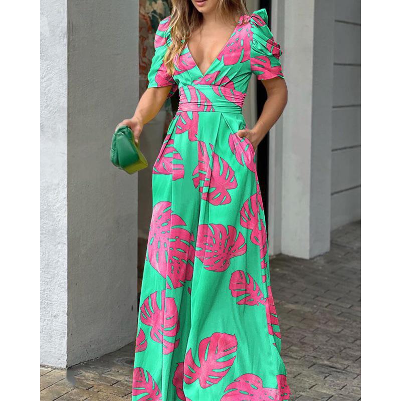 2023 Spring Women's Fashion V-neck Waist-Cinching Wide-Leg Jumpsuit