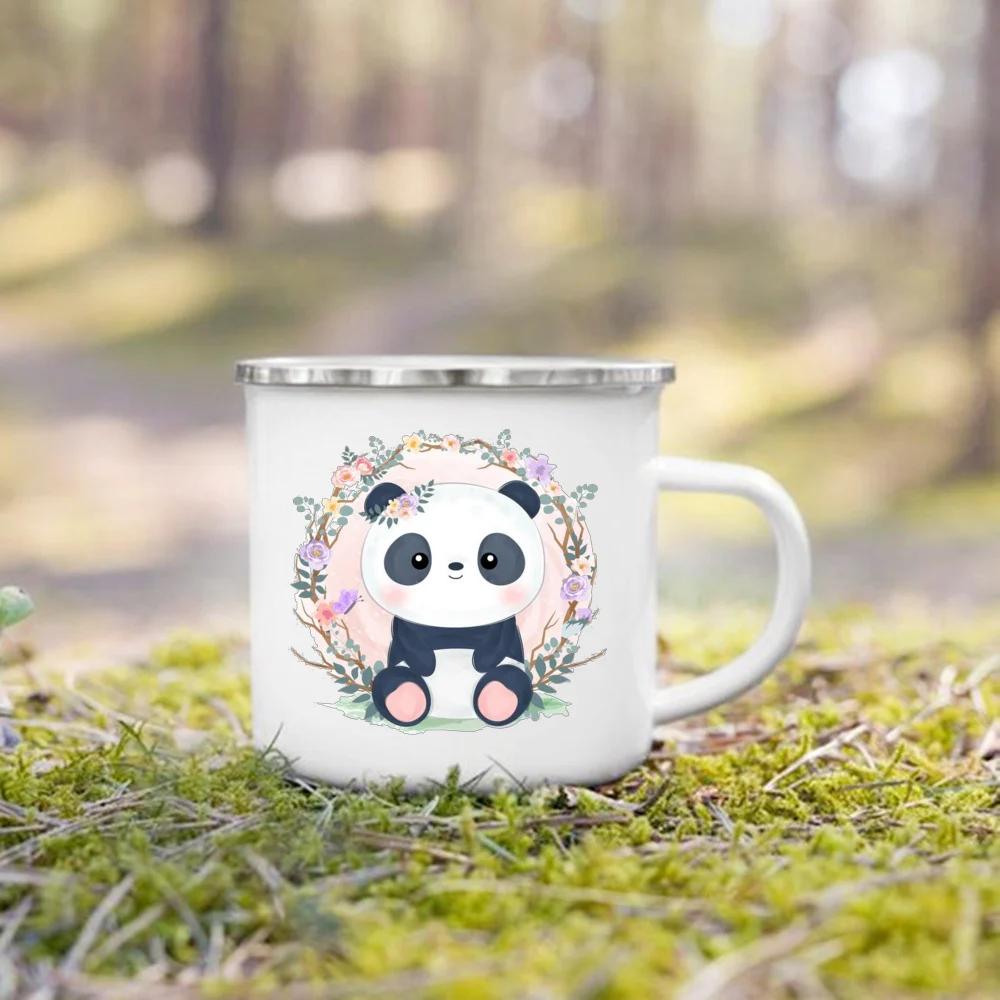 Flower Panda Printed Creative Enamel Water Cup Drink Dessert Breakfast Milk Cups Kid Mugs Handle Mug Birthday Gifts for Childen