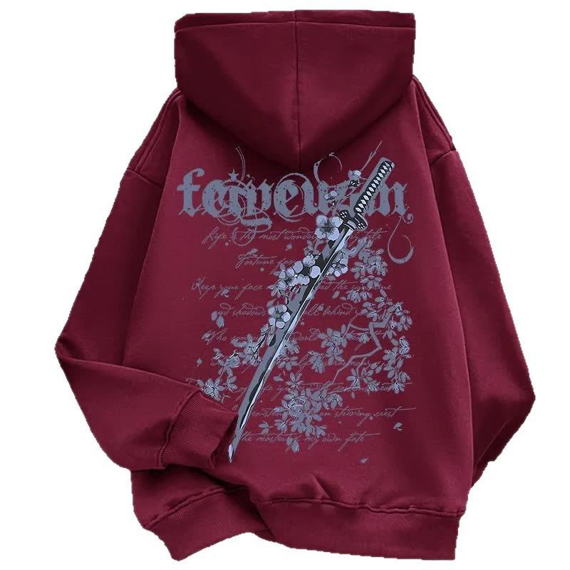 Herren Vintage Kirschblüten Schwertdruck Hoodie - Herbst/Winter Lockerer Schnitt mit Plus Samt