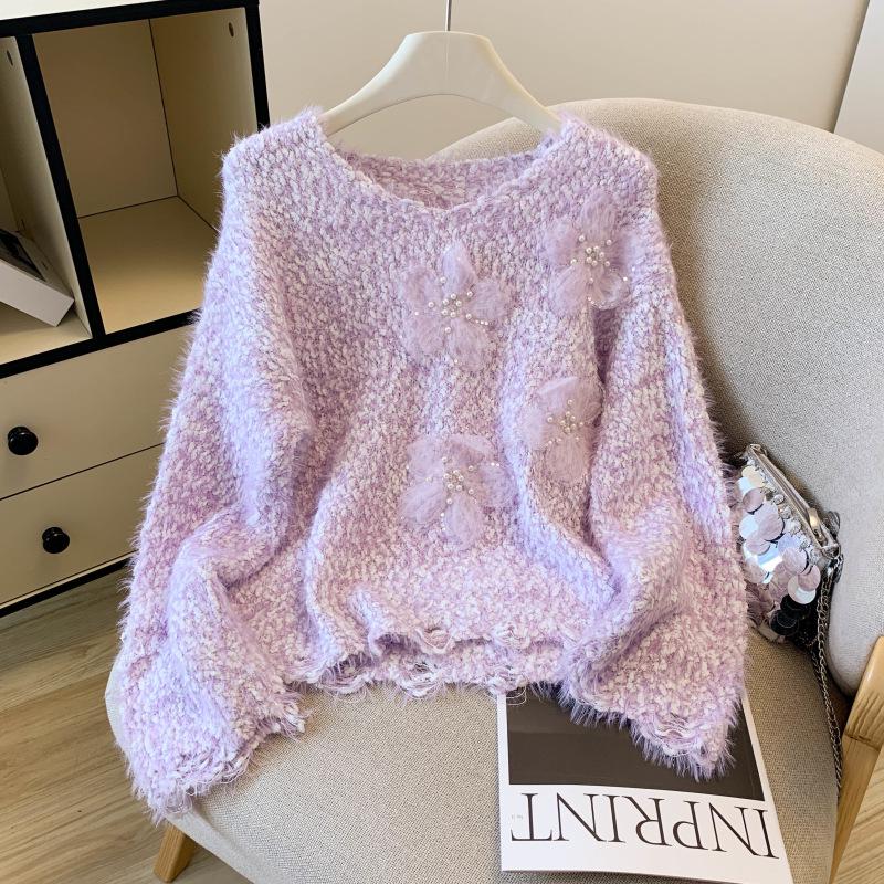 Women's Beaded Flower Faux Mink Knit Sweater