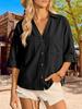 Women's Button Down Collared Blouse V Neck Cotton Short Sleeve Loose Top
