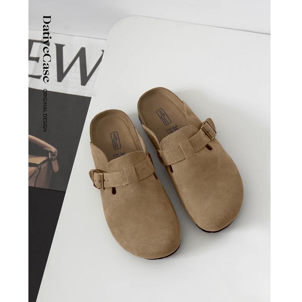 [] Leather platform slippers women's spring and autumn new outer wear fishing half drag Lincoln