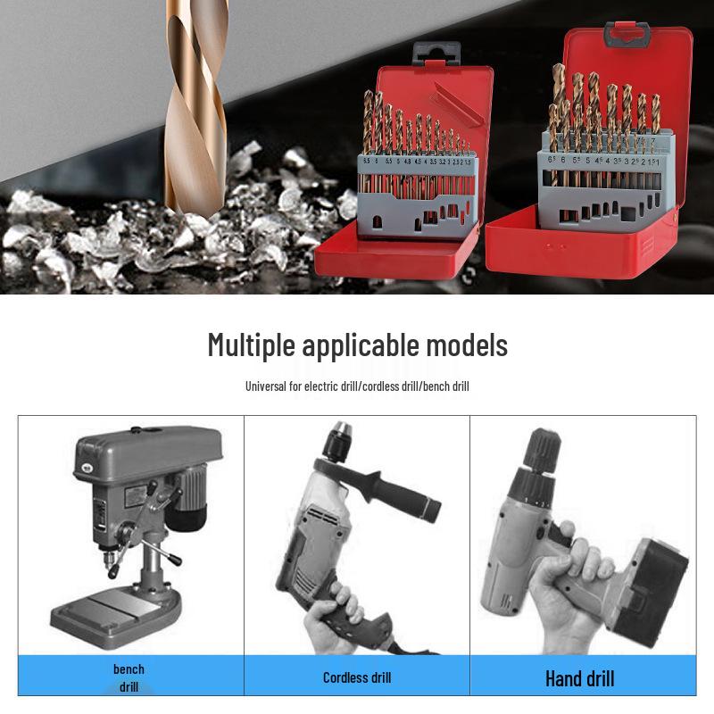 13-Piece High-Speed Steel Titanium-Plated Twist Drill Bit Set for Stainless Steel with Straight Shank