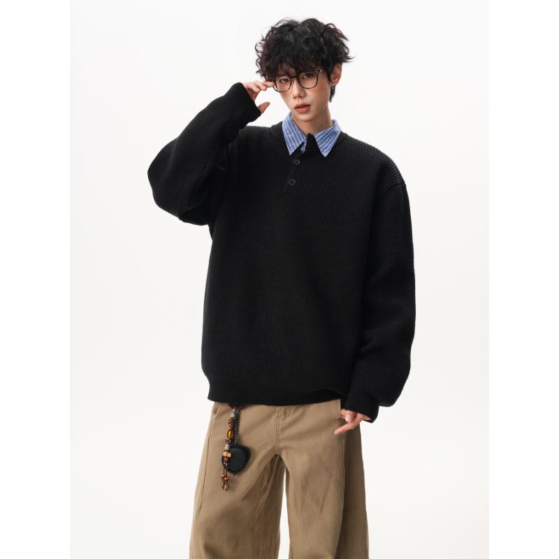 American Retro Henley Collar Button Sweater Men Women Winter Loose Slouchy Long Sleeve Base Pullover Knitwear