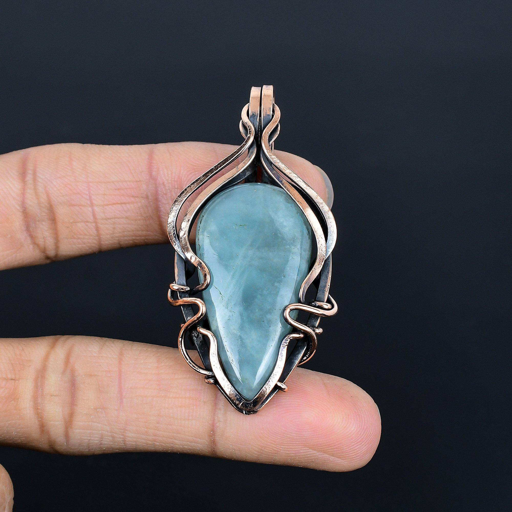 

Aquamarine 999 Copper Wire Wrapped Pendant, Handmade Gemstone Jewelry Pendant For Memorial Day 2.28 Inches