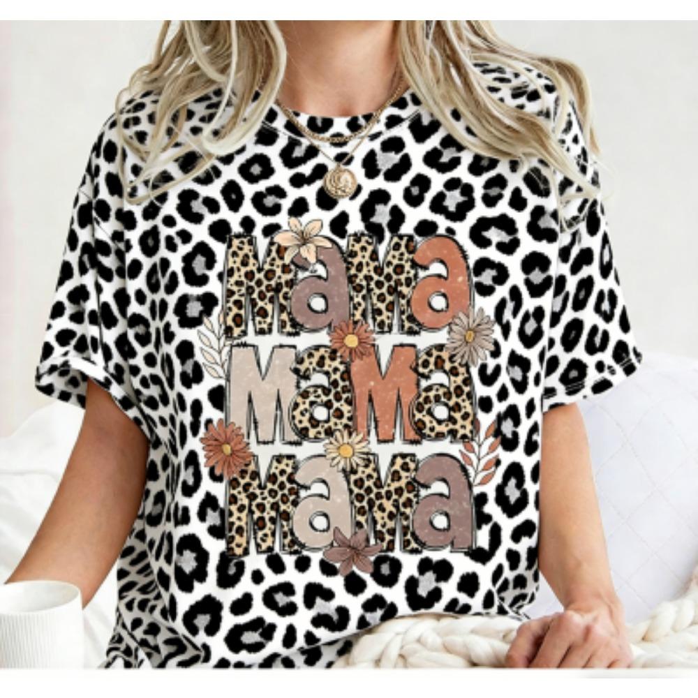 Funny Colorful Leopard Mama Print Women's Short Sleeves T-Shirt Loose Casual Summer Outdoor Street Women's Tees Tops