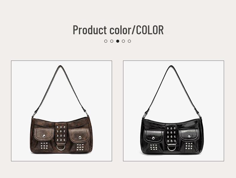 Retro Brown Studded Punk Shoulder Bag: Double Pocket Baguette for the Bold and Stylish