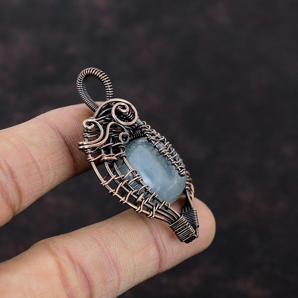 Aquamarine Pendant Copper Wire Wrapped Pendant Handmade Pendant Boho Style Pendant Copper Jewelry Original Gemstone Pendant Jewelry For Gift