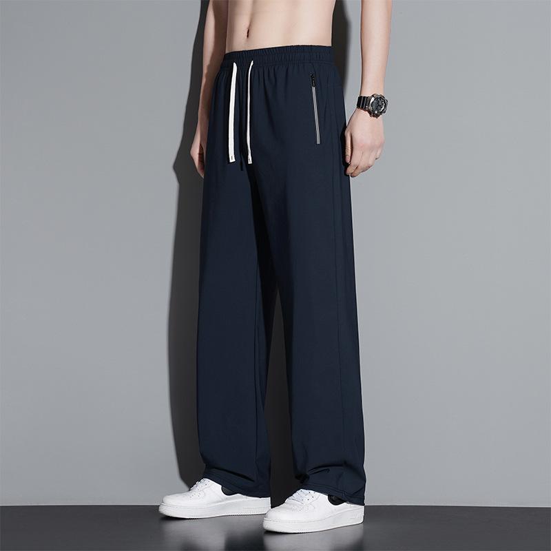 Extra dlouhé 120cm letní kalhoty z ledového hedvábí pro vysoké muže - Tenké s rovnými nohavicemi a 110cm plochou nohavicí se stahovací šňůrkou