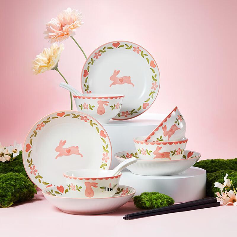 JINGREPUBLIC Romantic Garden Rabbit 16-Piece Dinnerware Set
