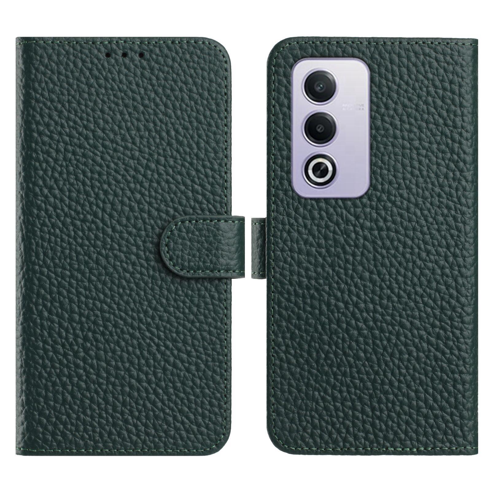 

Flip Phone Case For Oppo A5 5G/A3 Pro (Global) 5G/A80 5G/K12x 5G (Global) Wallet Stand Litchi Texture Genuine Cow Leather Cover Green