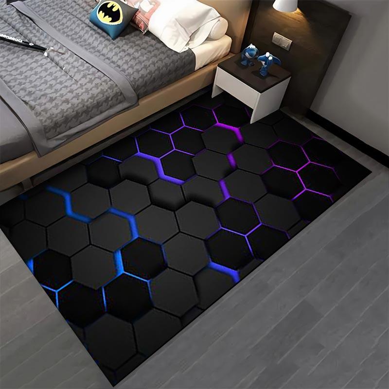 Modern Black Carpet with Blue and Purple Hexagonal Pattern Design Suitable for use as an anti-slip for living room bedroom sofas