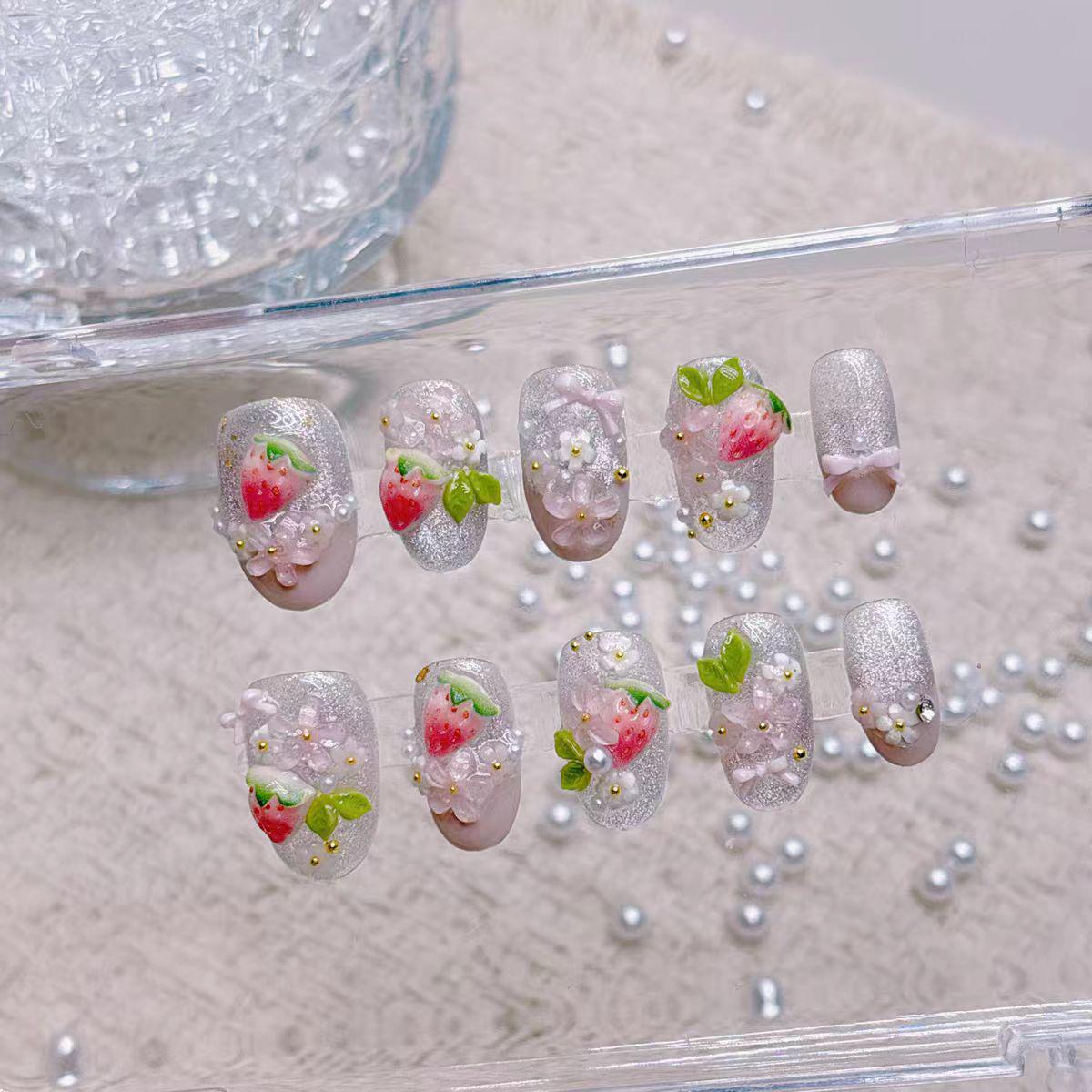 Japanese Style Pink Peach & Strawberry Cat Eye Whitening Nails - Short Almond