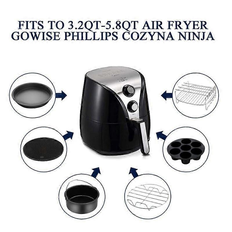 Air Fryer Accessories, Set of 8 Fit for Most 5.8Qt and Larger Oven Cake & Pizza Pan, Metal Holder, Skewer Rack & Skewers, Etc, BPA Free, Nonstick Coat