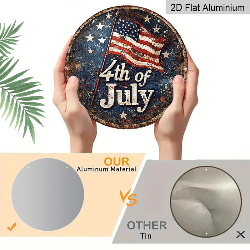 2D Flat, 1pc Round Aluminum Sign, 4th of July Vintage US Flag Design, Patriotic American Independence Day Metal Wall Art, Perfect for Home, Garage