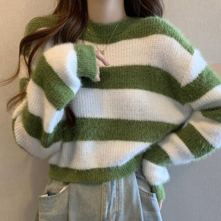 Striped Color Block Loose Knit Sweater - Women's Stylish Long Sleeve Autumn/Winter Top