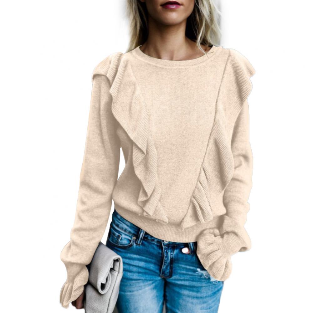 Fashion Women Solid Color Ruffled Long Sleeve O Neck Pullover T-shirt Blouse Top
