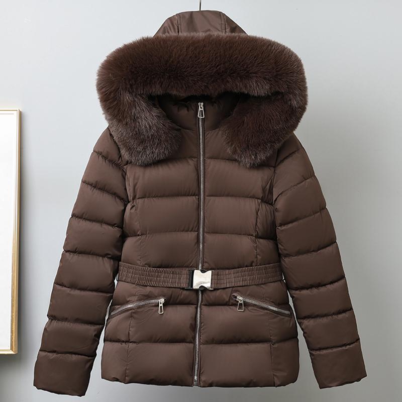 Mote Vinterkåpe Dame Parkas Hette Fuskepelskrage Tykk Varm Damejakker Med Belte