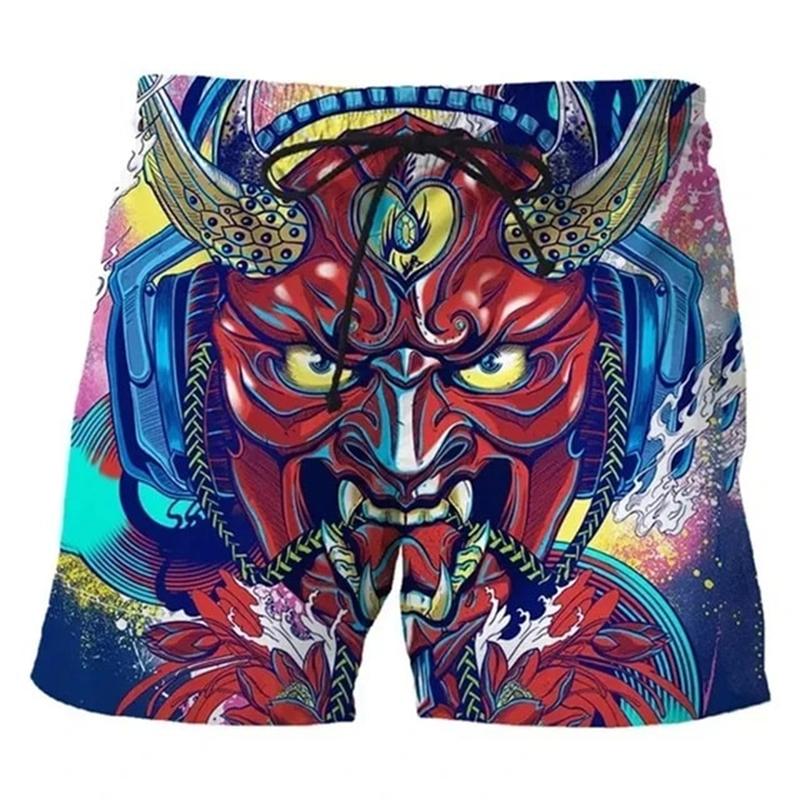 Vintage Japanese Tattoo Mask 3D Print Beach Shorts Men Women Summer Casual Swimtrunks Surfing Board Shorts Y2k Kids Clothing