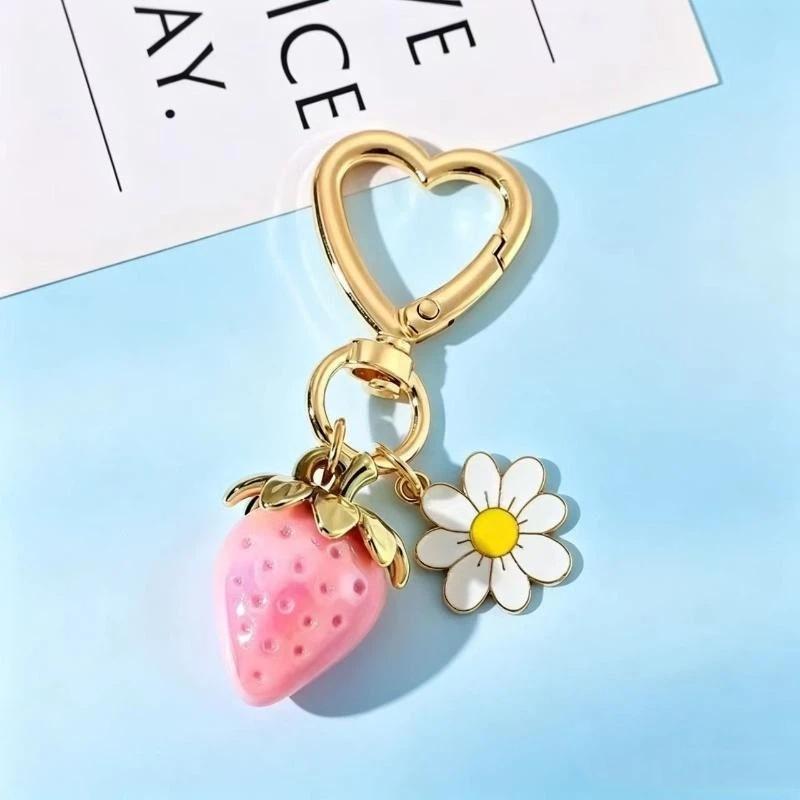 Cute Strawberry Heart Flower Keychain Bag Charms For Girls Purse Gifts Decor Accessories