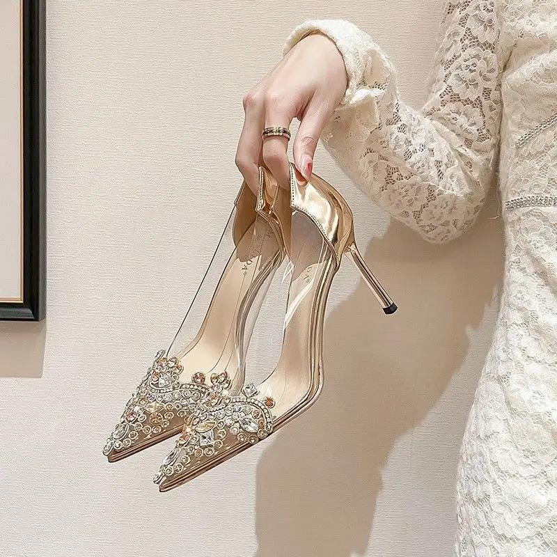 Fashion Woman Pumps Pointed Toe Rhinestone Clear Silver Shoes for Women Genuine Mark With Discount Non Slip On Promotion Popular Fashion