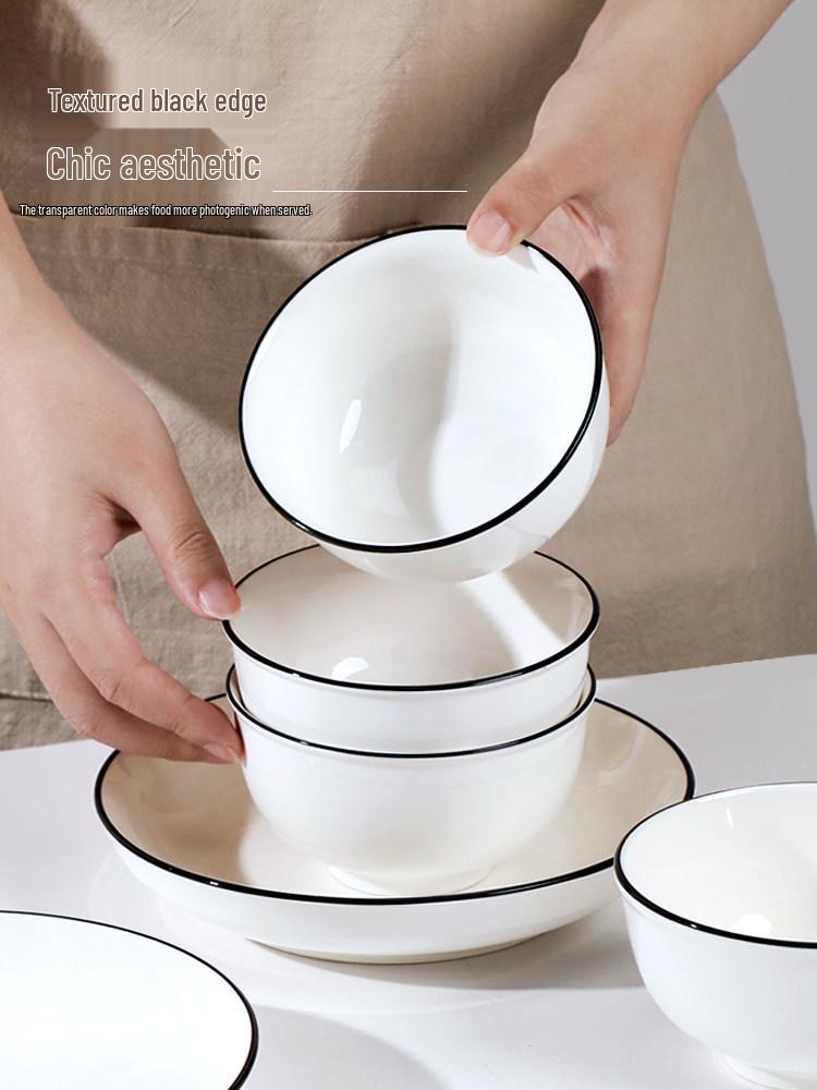 Ensemble de vaisselle minimaliste nordique sous glaçure: Assiettes à Bordure Noire, Bols à Riz, Grands Bols à Soupe
