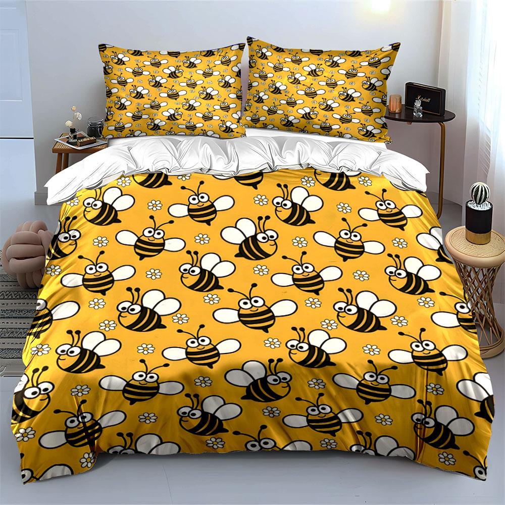 Cute Cartoon Bees with Flowers Bedding Duvet Cover Set (1*Duvet Cover 2*Pillowcases, without duvet insert)